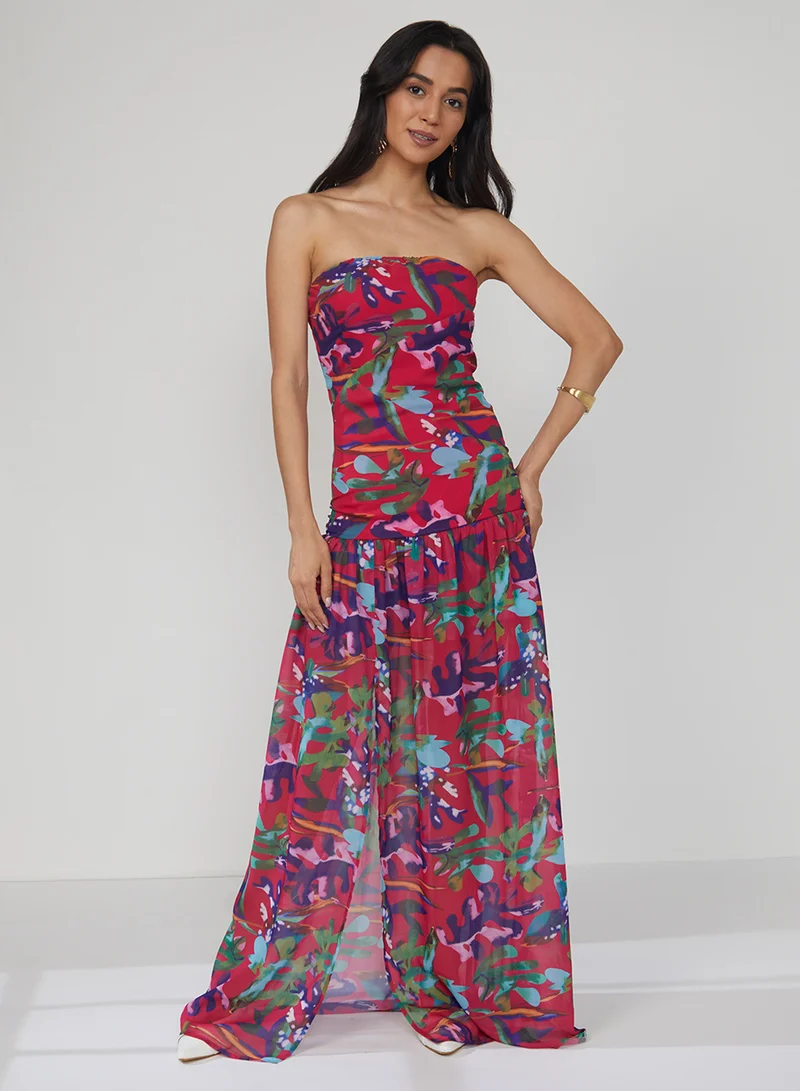 بينيا كولادا Women's Carmine Red Blurry Bandeau Dress For Casual Wear | Off-Shoulder | Sleeveless | Pull On Closure | Dress Designed With Comfortable Fit For Woman & Girls